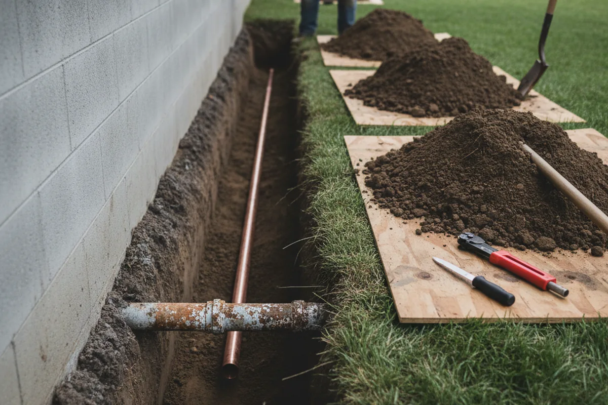 Excavated water line trench during Water Softener Installation in Wendell